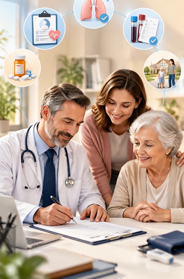 Doctor completing LIC 602A form with family and senior