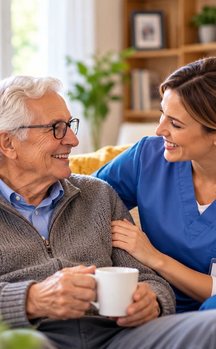 Senior man and Golden Pathways care advisor sharing a warm moment with coffee