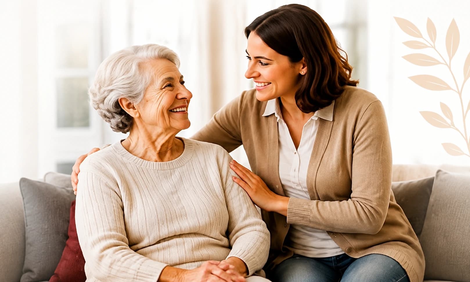 Find the Right Senior Living — elderly woman and caregiver smiling together