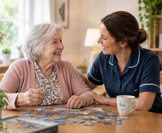 Senior woman with caregiver doing puzzle