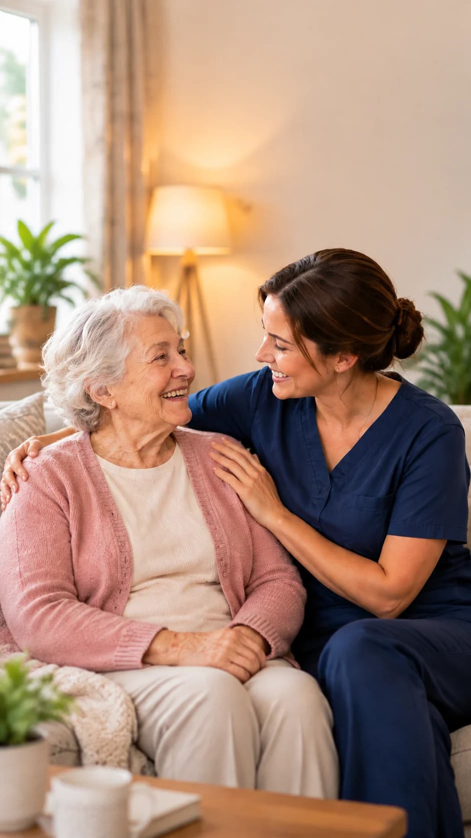 Senior woman with caregiver smiling