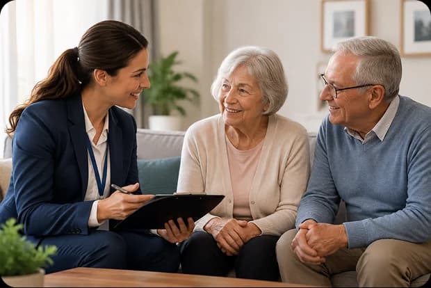 Senior care advisor talking with senior couple